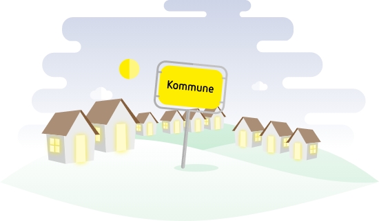 Comic-Zeichnung eines Straßenzuges mit Häusern auf beiden Seiten. In der Mitte ein Ortsschild mit der Aufschrift „Kommune“. Am hellblauen Himmel gruppieren sich zwei Wolken um die Sonne.