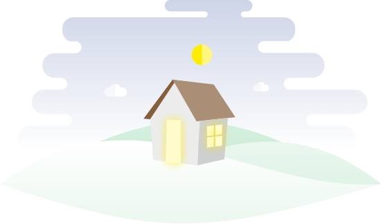 Stilisierte Illustration eines kleinen Hauses mit leuchtenden Fenstern in einer hügeligen Landschaft. Der Himmel ist hellblau mit weißen Wolken, die Sonne steht über dem Haus.